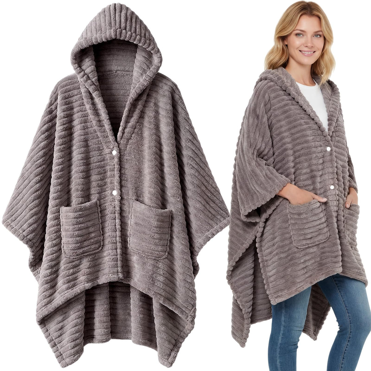 Tegeme Wearable Blanket Poncho for Women Sherpa Shawl with Pockets Hood Cozy for Mom Girlfriend Wife Female(Gray)