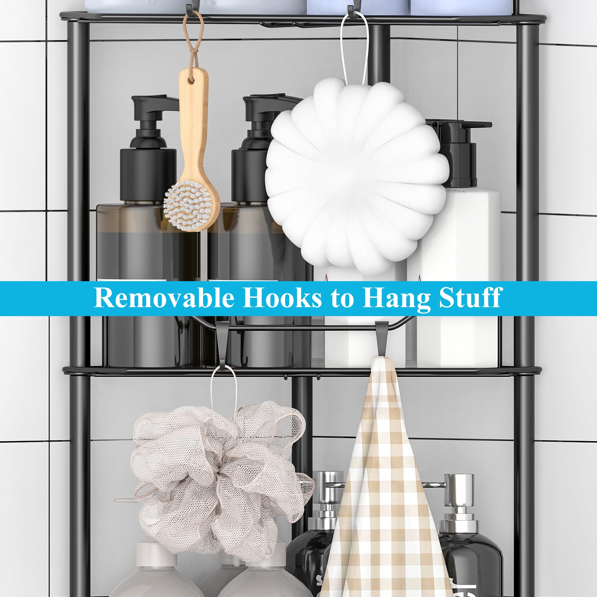 HuggieGems C226 4 Tier Floor Standing Corner Shower Caddy Organizer Shelf with Hooks, Black