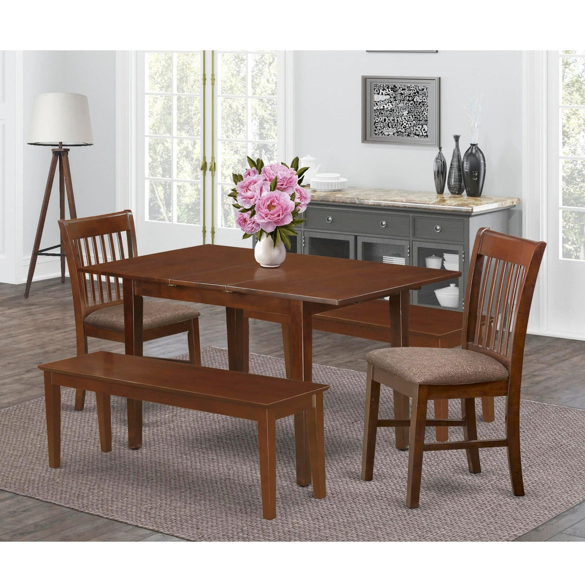East West Furniture NOFK5C-MAH-C 5 Piece Set Includes a Rectangle Kitchen Table with Butterfly Leaf and 2 Linen Fabric Dining Chairs with 2 Benches, 32x54 Inch