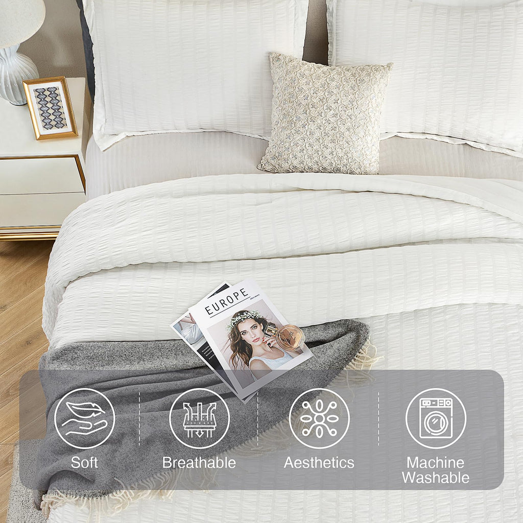 Satisomnia Queen Comforter Set White, Soft Seersucker Comforters Queen Size Bed, 3 Pieces Lightweight Down Alternative Bedding C