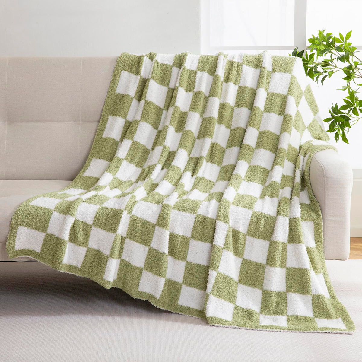 YIRUIO Checkered Knit Throw Blanket 60x80 inches Sage Green