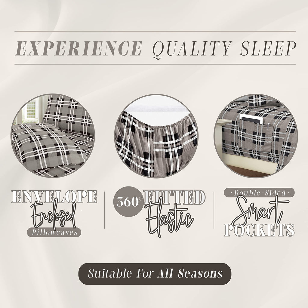 Elegant Comfort Lilliana Plaid 6-Piece Sheet Set, Supreme Coziness Fade & Wrinkle Resistant, 1500 Premium Hotel Quality Microfiber, Sheet Featuring Smart Pockets, Plaid Sheet Set, Full, Gray