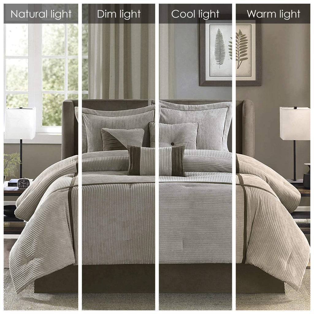 Madison Park Cozy Comforter Set Casual Blocks Design All Season, Matching Bed Skirt, Decorative Pillows, California King (104 In X 92 In), Dallas Taupe/Brown, 7 Piece