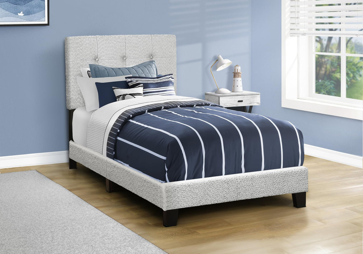 Monarch Specialties I 5801T Bed, Twin Size, Upholstered, Frame Only, Bedroom, Juvenile, Youth, Light Grey Boucle, Transitional