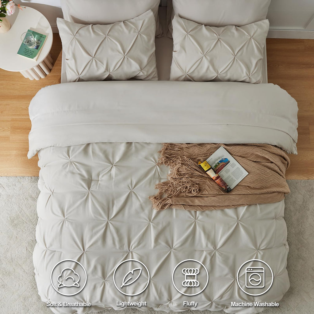 Himeet Bedding Sets Full 7 Pieces Bed Set Pintuck Bed In A Bag Full Size Comforter Sets Pinch Pleat Beige