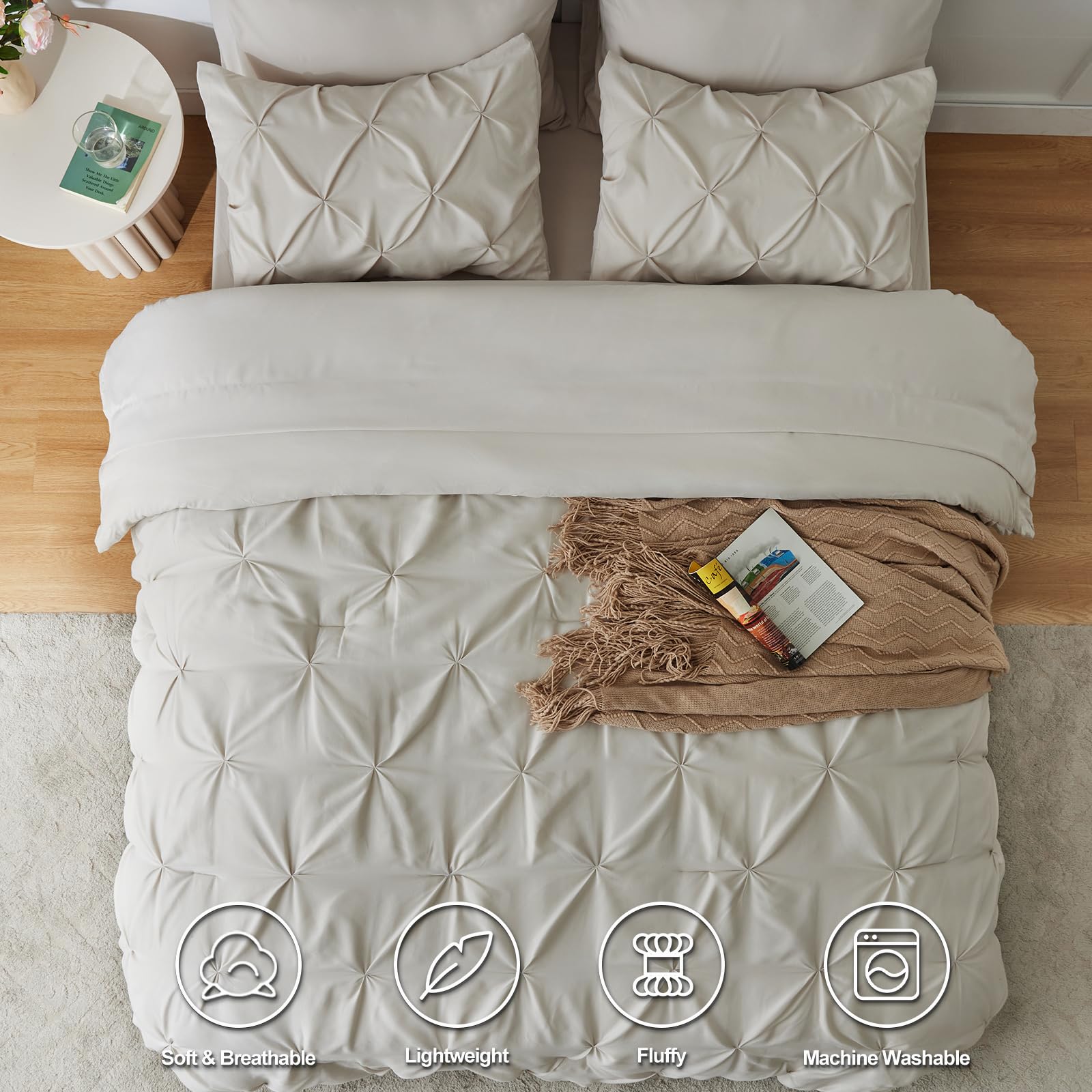 Himeet Bedding Sets Full 7 Pieces Bed Set Pintuck Bed In A Bag Full Size Comforter Sets Pinch Pleat Beige