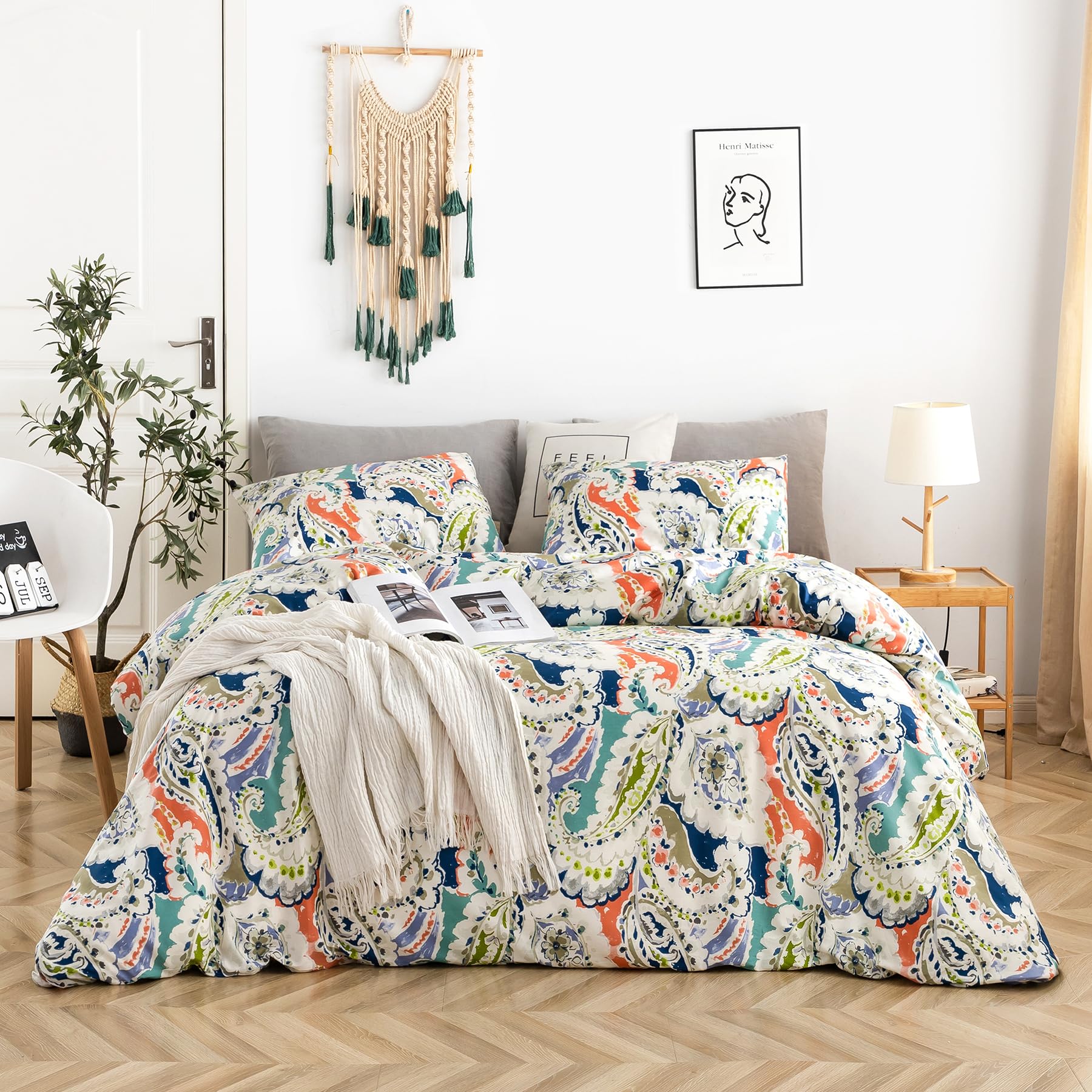 Yuheguoji Bohemian Paisley Duvet Cover King 100% Cotton Colorful Boho Floral Duvet Cover 3 Pcs Set 1 Blue Orange Damask Duvet Co