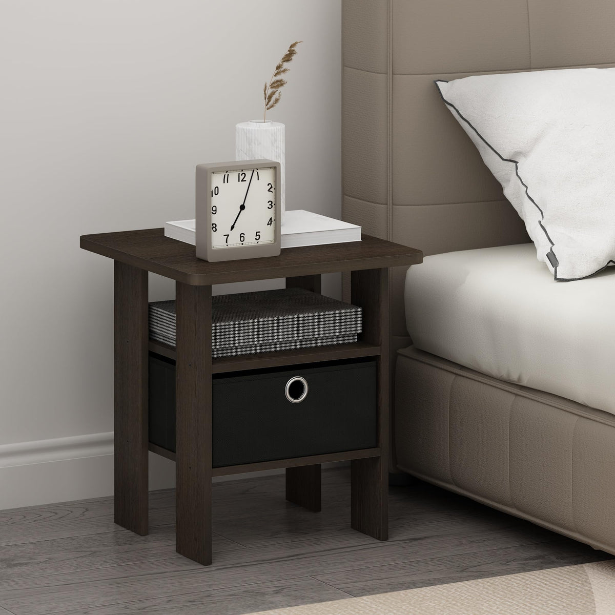 Furinno Tidur Bedside Table Nightstand With Bin Drawer, Dark Brown/Black, Set Of 2