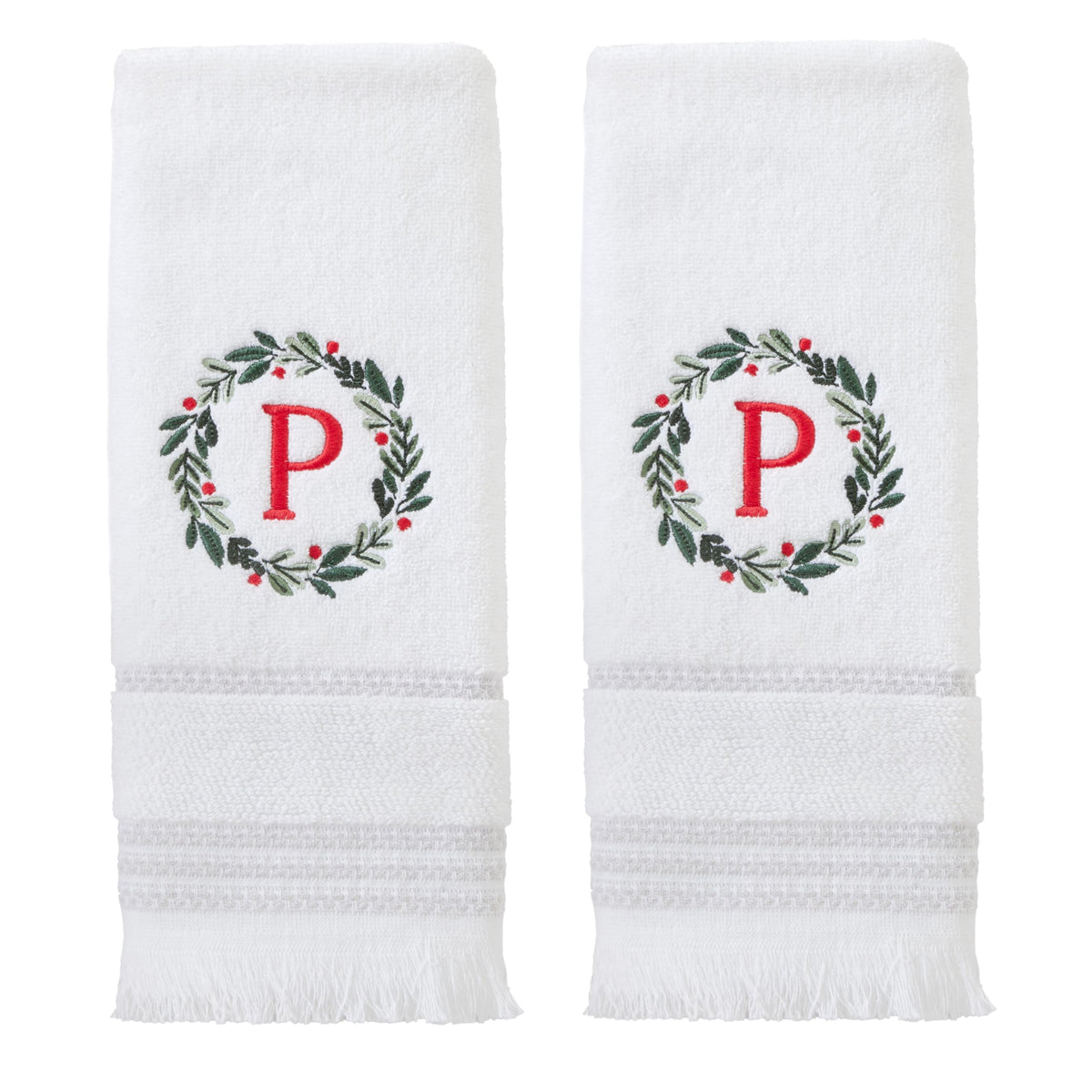 SKL Home Christmas/Winter Wreath Monogram Hand Towel P 2pc Set for Bath/Kitchen/Bar & Gift, White