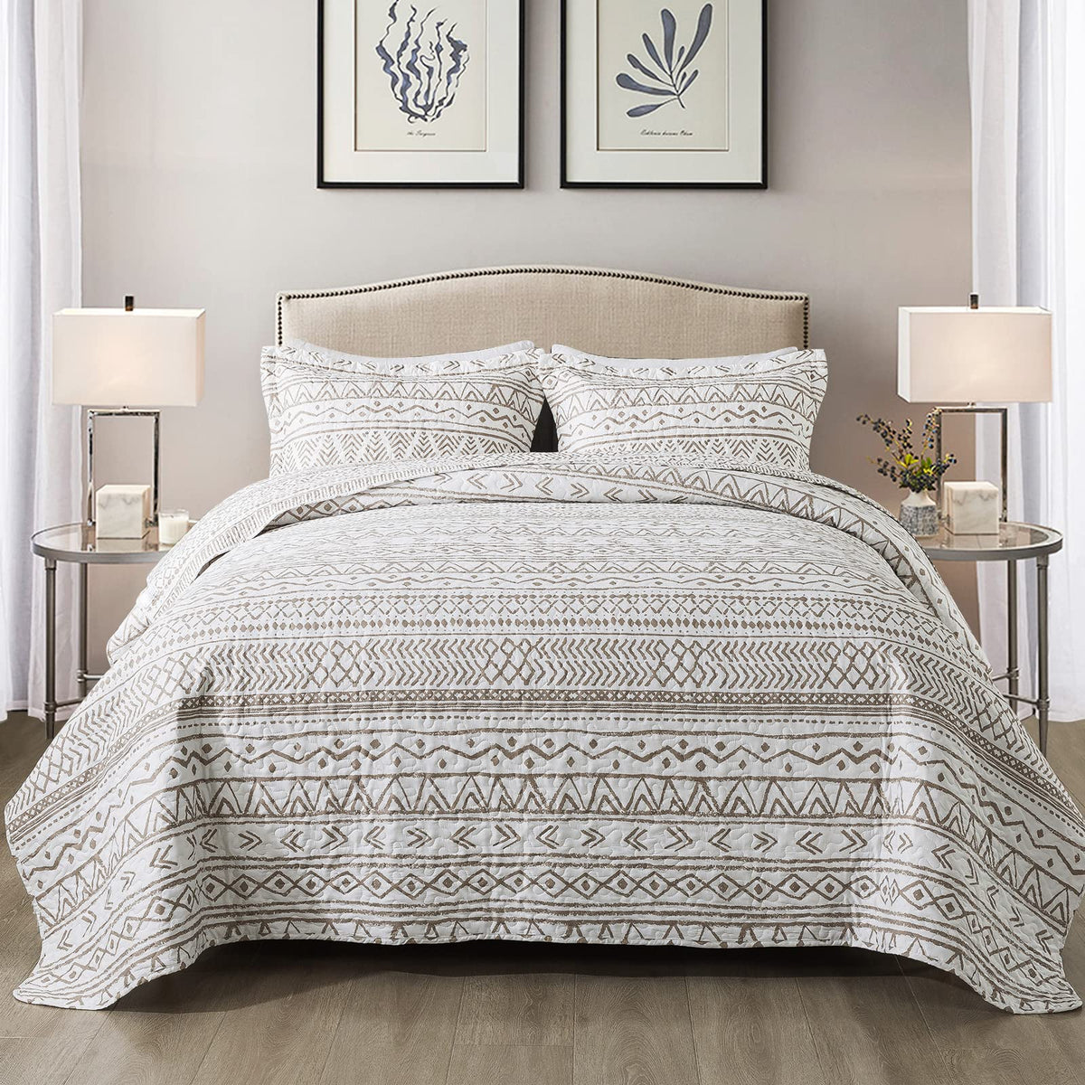 Newlake Quilt Bedspread Sets-Reversible Soft Beige Striped Vintage Pattern Coverlet Set, Queen Size