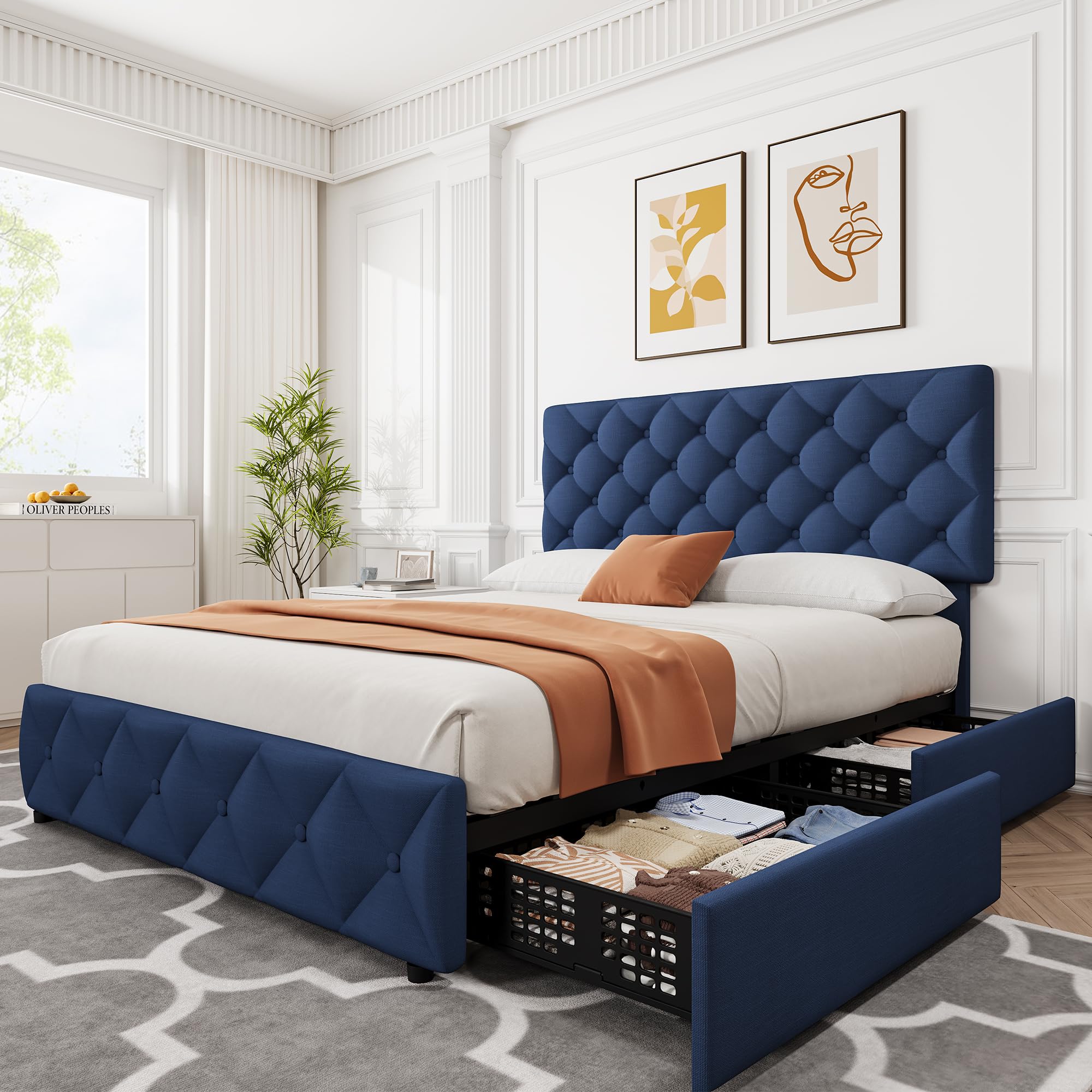 IDEALHOUSE Queen Size Bed Frame with 4 Storage Drawers and Adjustable Headboard, Linen Upholstered Platform Beds, Diamond Stitch