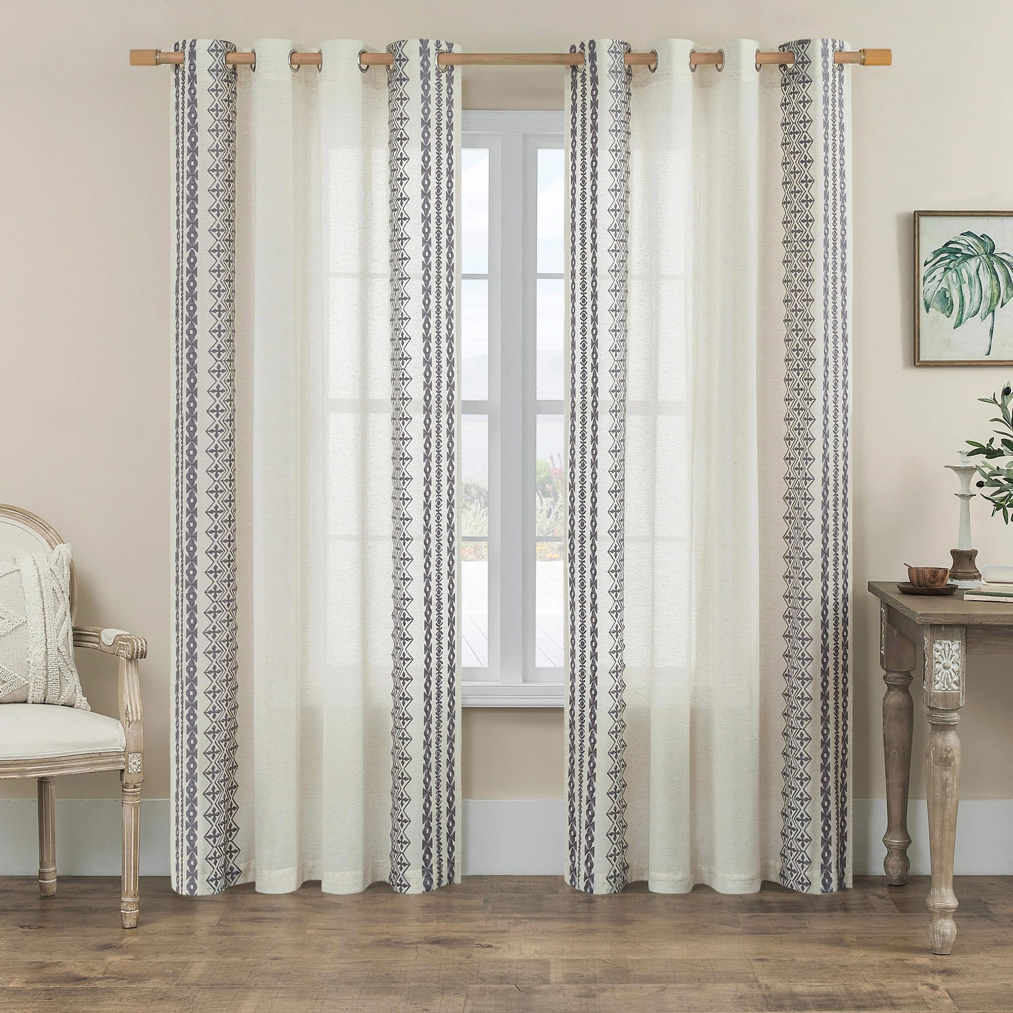 Folkside Linen Curtains 84 Inch Length 2 Panels Set For Living Room Bedroom Grommet Semi Sheer Bohemian Curtains Farmhouse Neutr