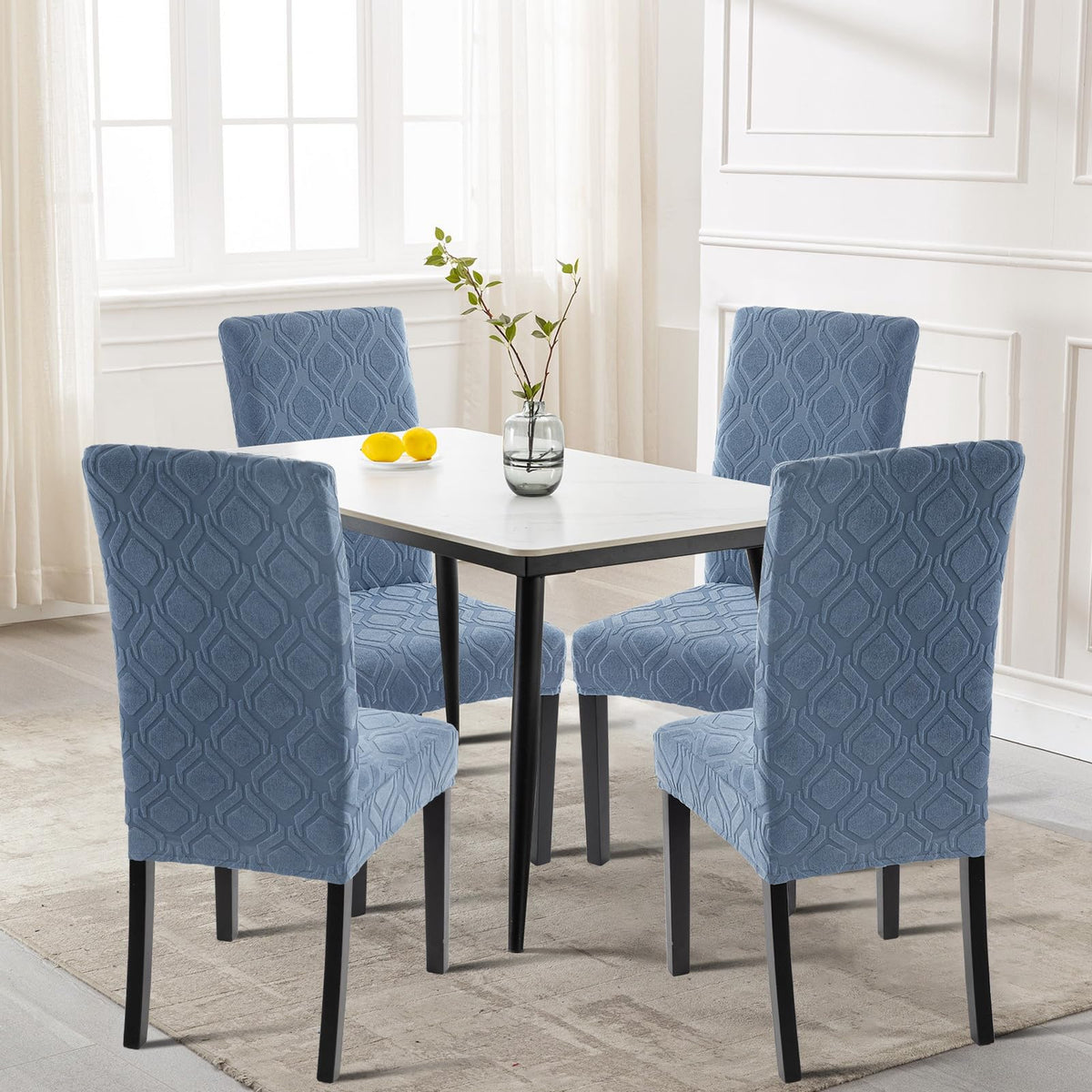 Searchi Dining Room Chair Covers Set Of 6, Stretch Jacquard Parsons Chair Slipcovers Spandex Removable Washable Kitchen Chair Protector Cover For Dining Room, Hotel, Ceremony (Gray-Blue Geometric)