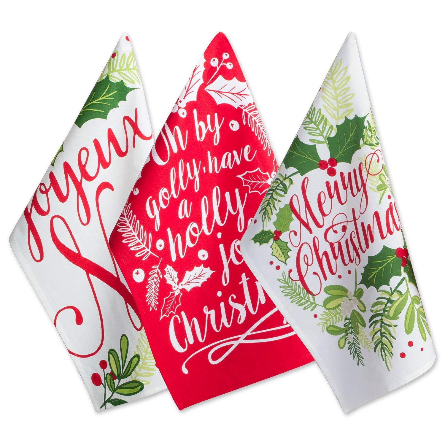 DII Holiday Kitchen Towel Set, Christmas Tea Towels for Baking, Cooking & Entertaining 18x28, Printed Holly, 3 Piece