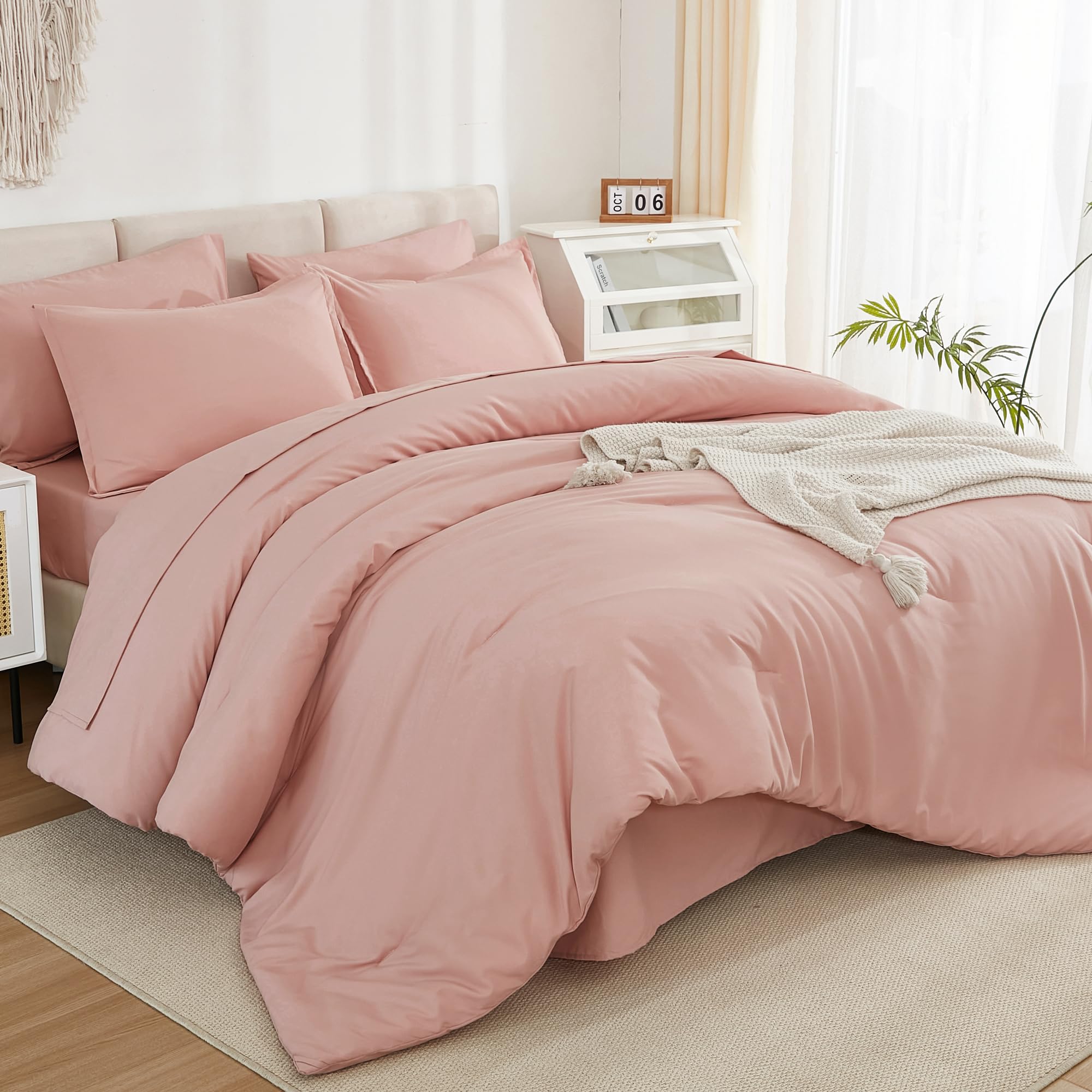 Litanika Comforter Queen Size Set Blush Pink - 7 Pieces Bed In A Bag Queen Beddding Comforter Sets, Plain Lightweight Bed Set Wi