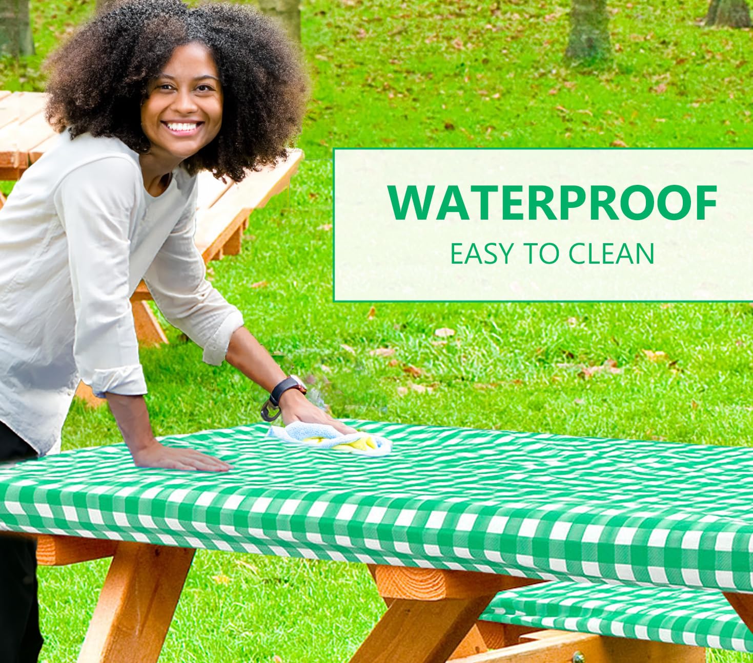 Linpro 8Ft Vinyl Fitted Picnic Table Cover With Bench Covers. Outdoor Checkered Picnic Tablecloth For Camper And Rv Accessories. 3 Piece Set Camping Essentials. Waterproof, With Elastic Edges. 96'