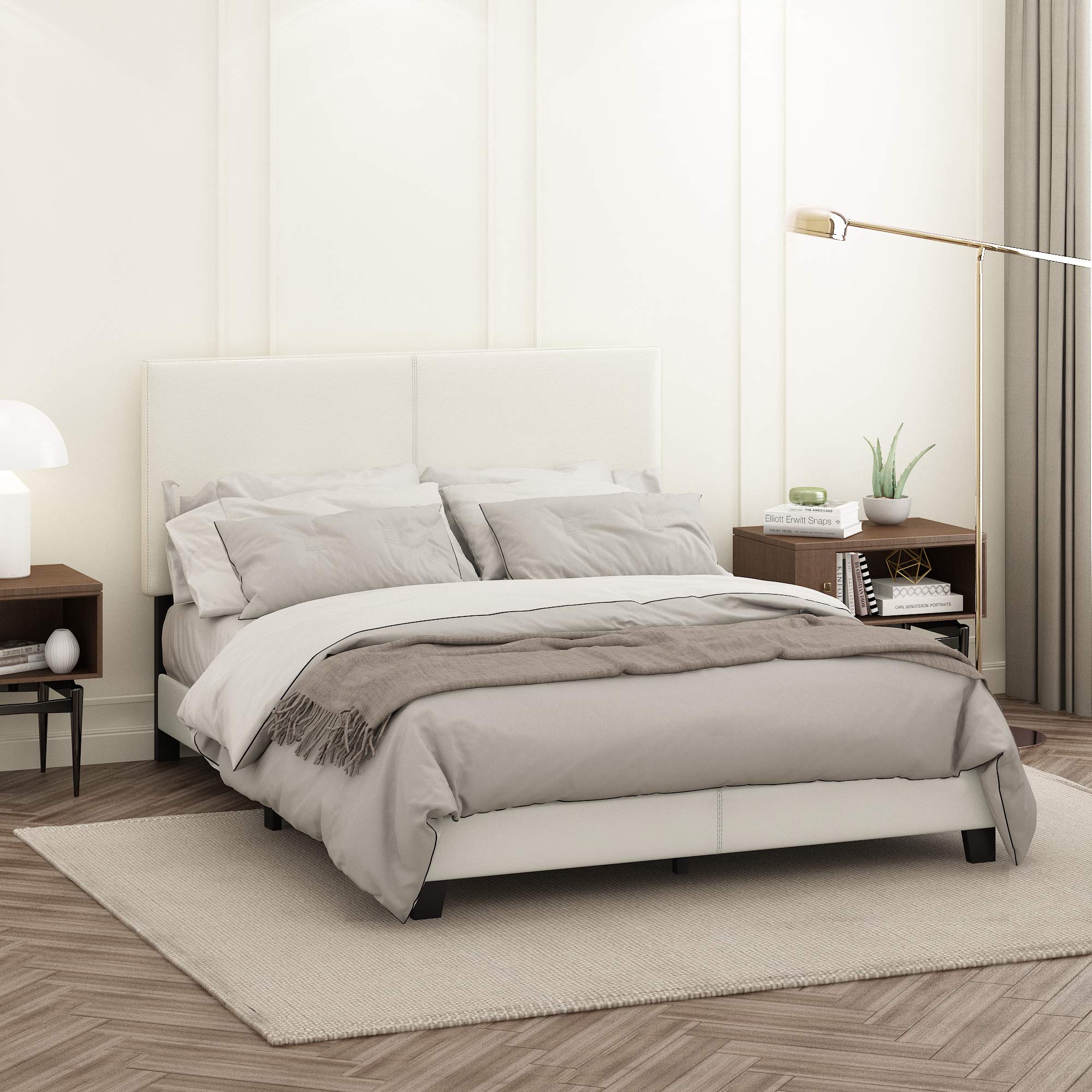 FURINNO Pessac PU Leather Upholstered Platform, Queen, White,FB19821QWH