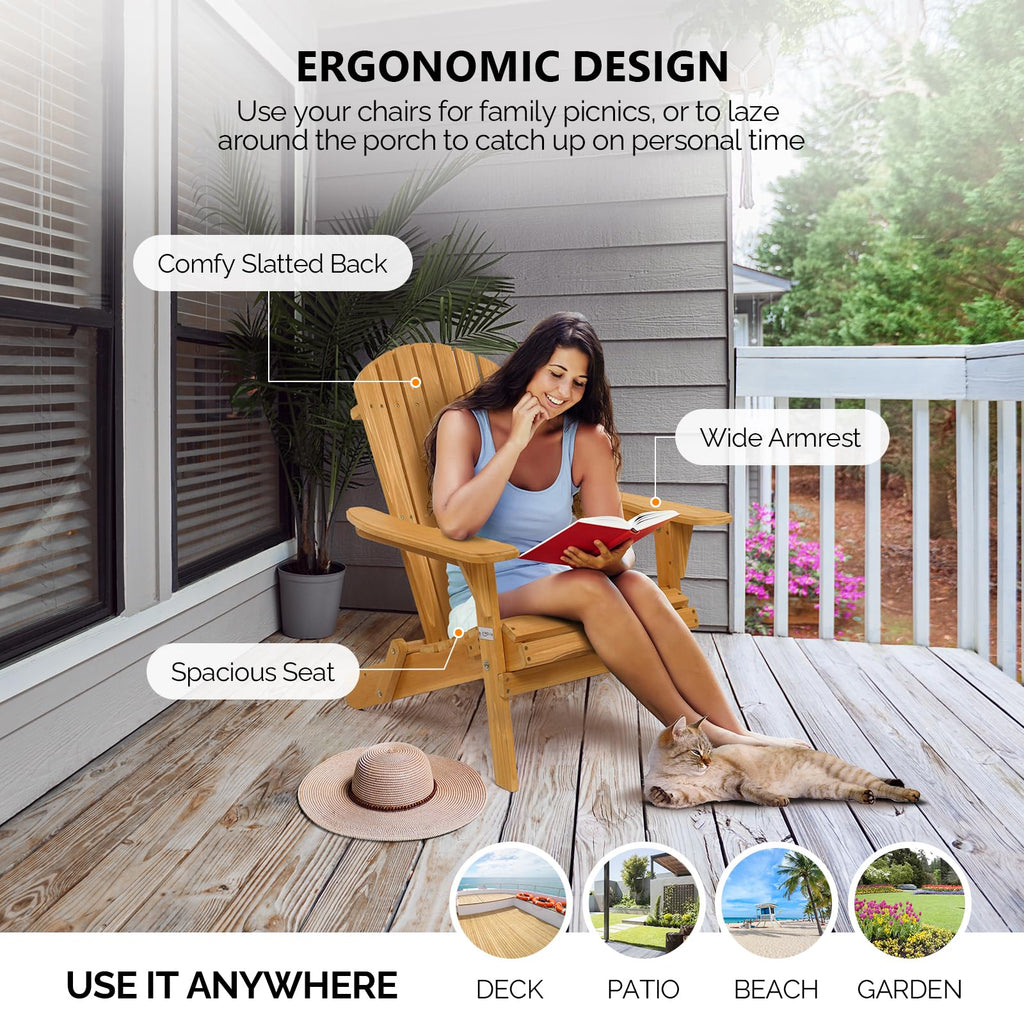 Vingli Folding Adirondack Chairs Wood Lawn Chair Wooden Lounger 350 Lbs Support Fire Pit Seating Natural Finished Weather Resistant Indoor Outdoor Furniture