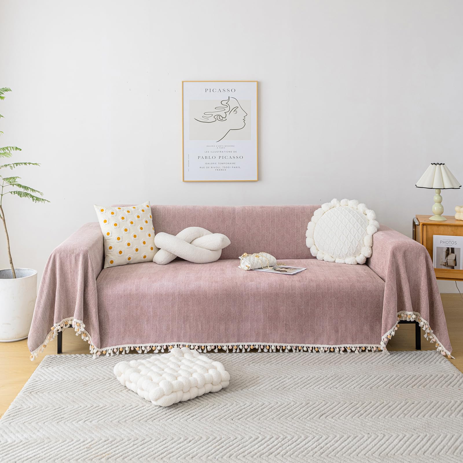 Handontime Soild Couch Covers For Dogs Pink-Purple Sofa Covers Boho Cover For Sofa 3 Seats Chenille Sofa Throw Cover Mauve Sofa Covers For 3 Cushion Couch Tassel Sofa Cover, 71' X118'