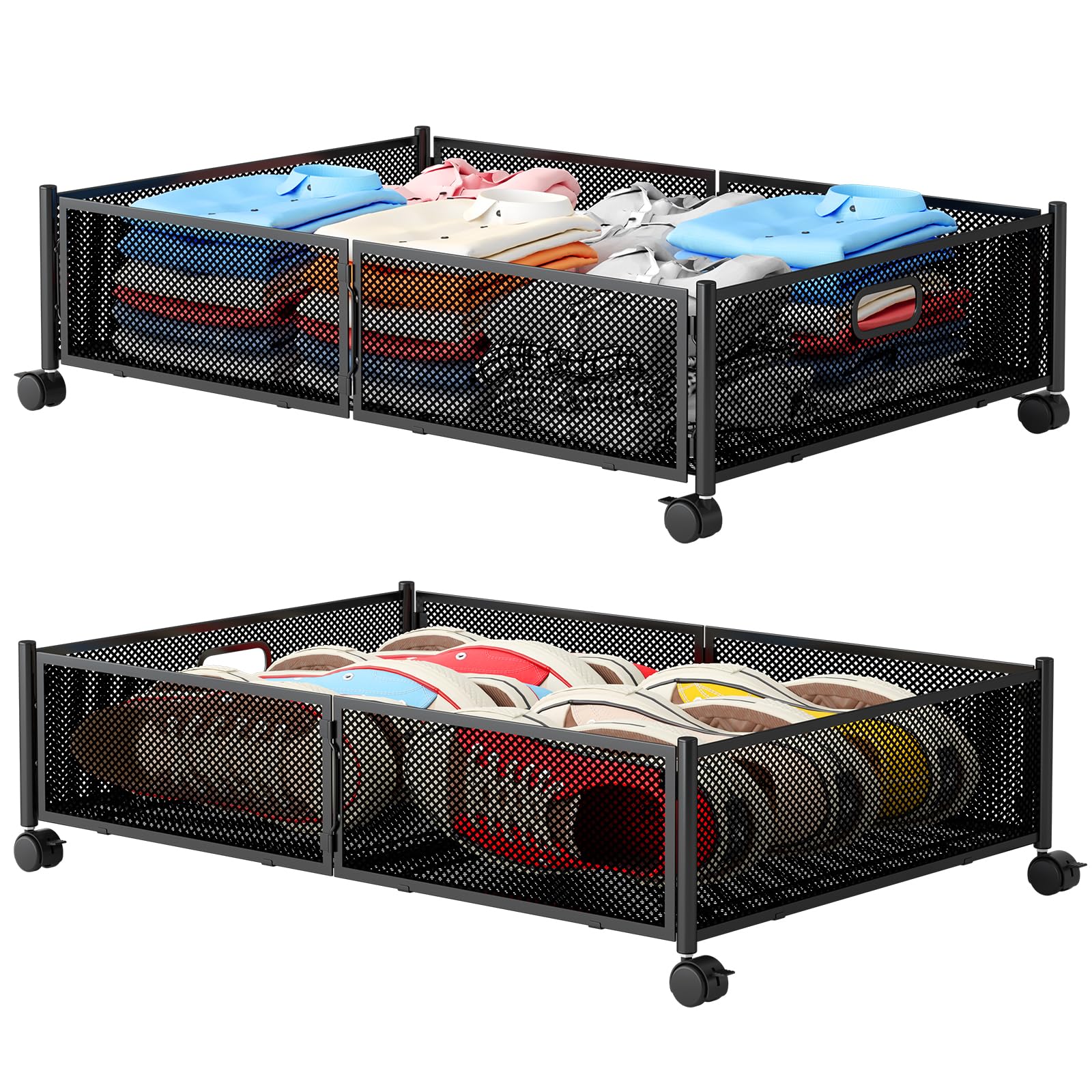 Under Bed Storage with Wheels, Foldable Metal Mesh Underbed Storage Container Bins, Tool-free Assembly Clothes Drawer Organizer,
