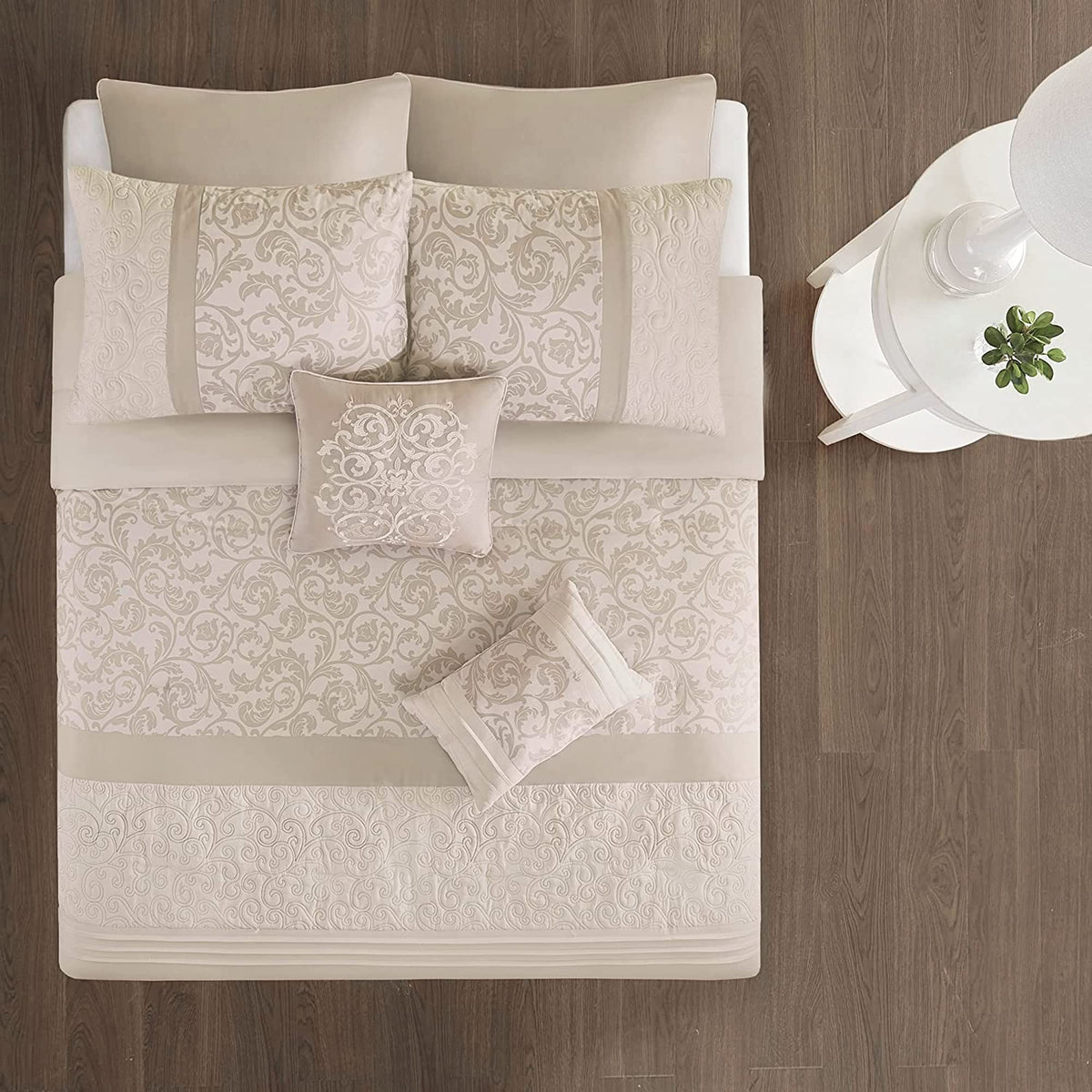 510 Design Luxe Quilted Comforter Set Modern Transitional Design, All Season Down Alternative Warm Bedding Matching Shams, Bedskirt, Decorative Pillow, Cal King, Ramsey Damask Neutral