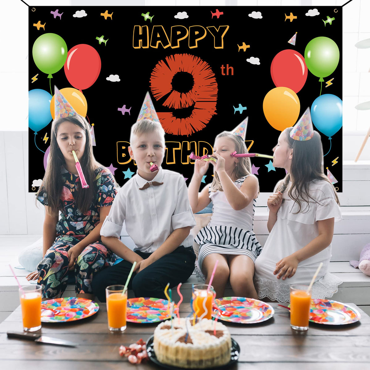 9Th Birthday Backdrop Banner, Happy 9Th Birthday Decorations For Girls Boys, 9 Year Old Birthday Yard Sign, Colorful Ninth Birth