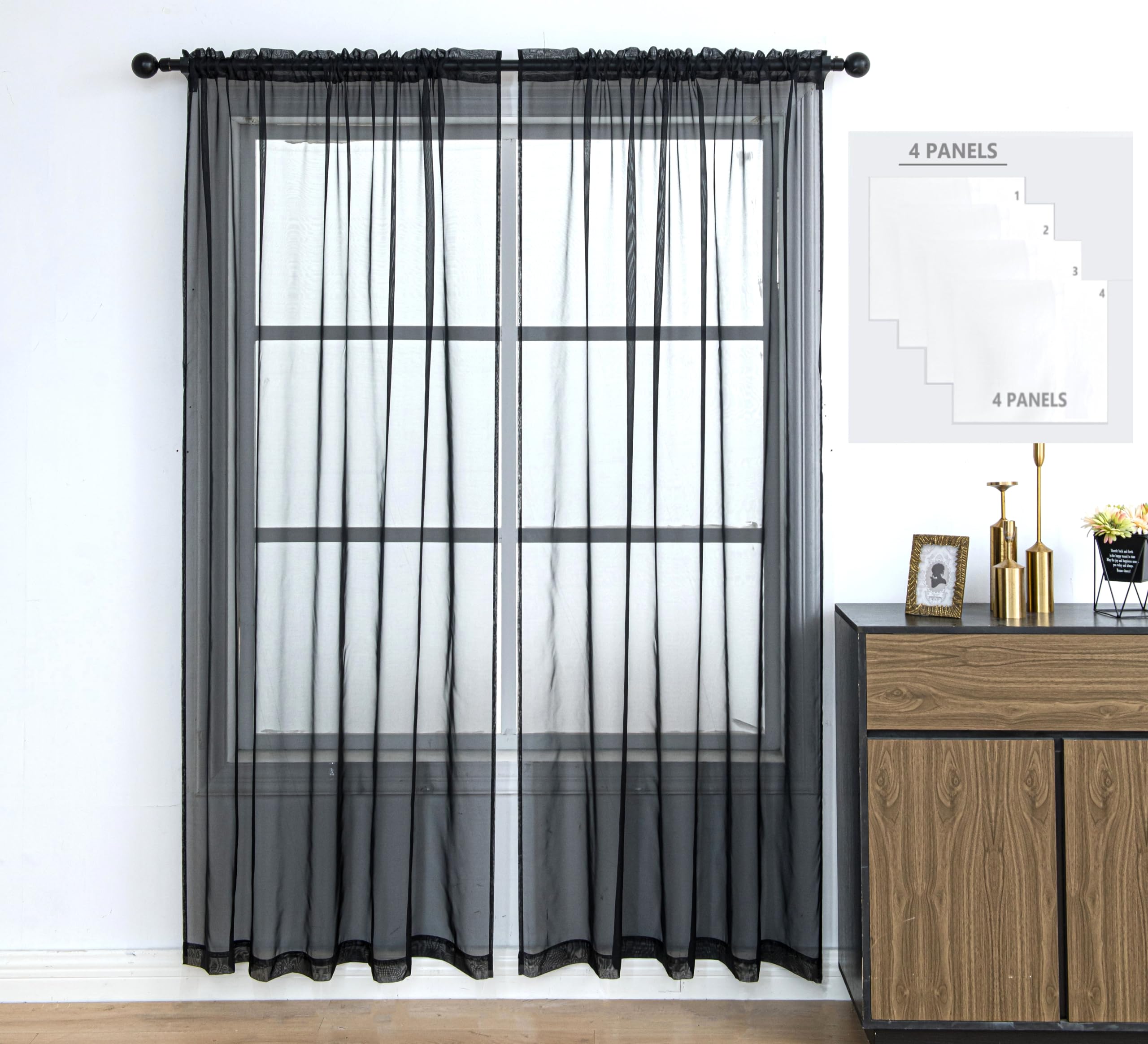 Pi Sheer Curtain 108 Inches Long 4 Panels,Light Window Drapery Soft Airy Voile With Rod Pocket For Living Room/Bedroom/Patio Door/Sliding Glass Door(W42Xl108,Black)