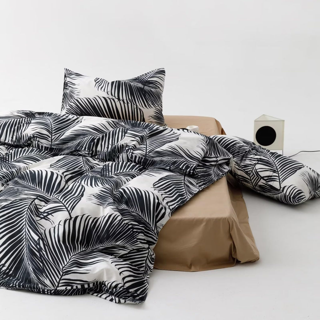 Karever Black Leaves Comforter Queen Black And White Palm Leaf Printed Comforter Sets Modern Boho Black Tropical Botanical Leave