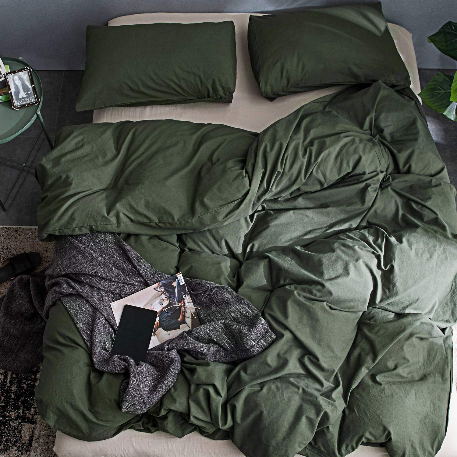 Ecocott 3 Pieces Duvet Cover Super King Size 100% Washed Cotton 1 Duvet Cover With Zipper And 2 Pillowcases, Ultra Soft And Brea