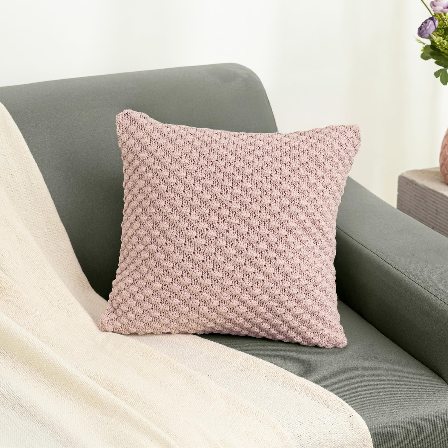 Haus & Kinder Cotton Decorative Embroidered Cushion Cover | Knitted Chambray Front Throw Pillow Cushion Cover For Sofa Living Ro