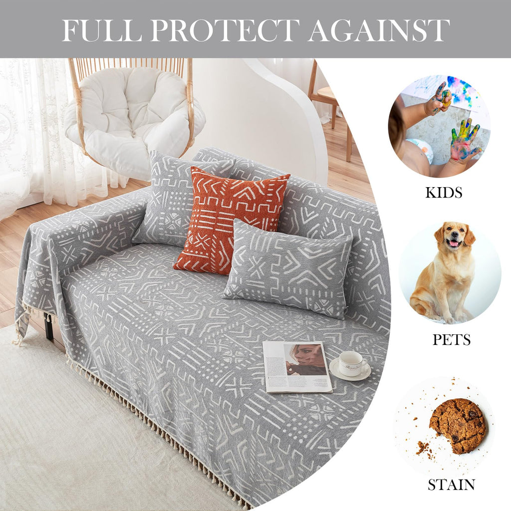 Handontime Bohemian Grey And White Couch Cover For Dogs Aztec Tribal Sofa Covers For 3 Cushion Couch Aesthetic Tassel Couch Slipcover Sofa Seat Cover Universal Loverseat Cover Futon Cover, 71' X134'