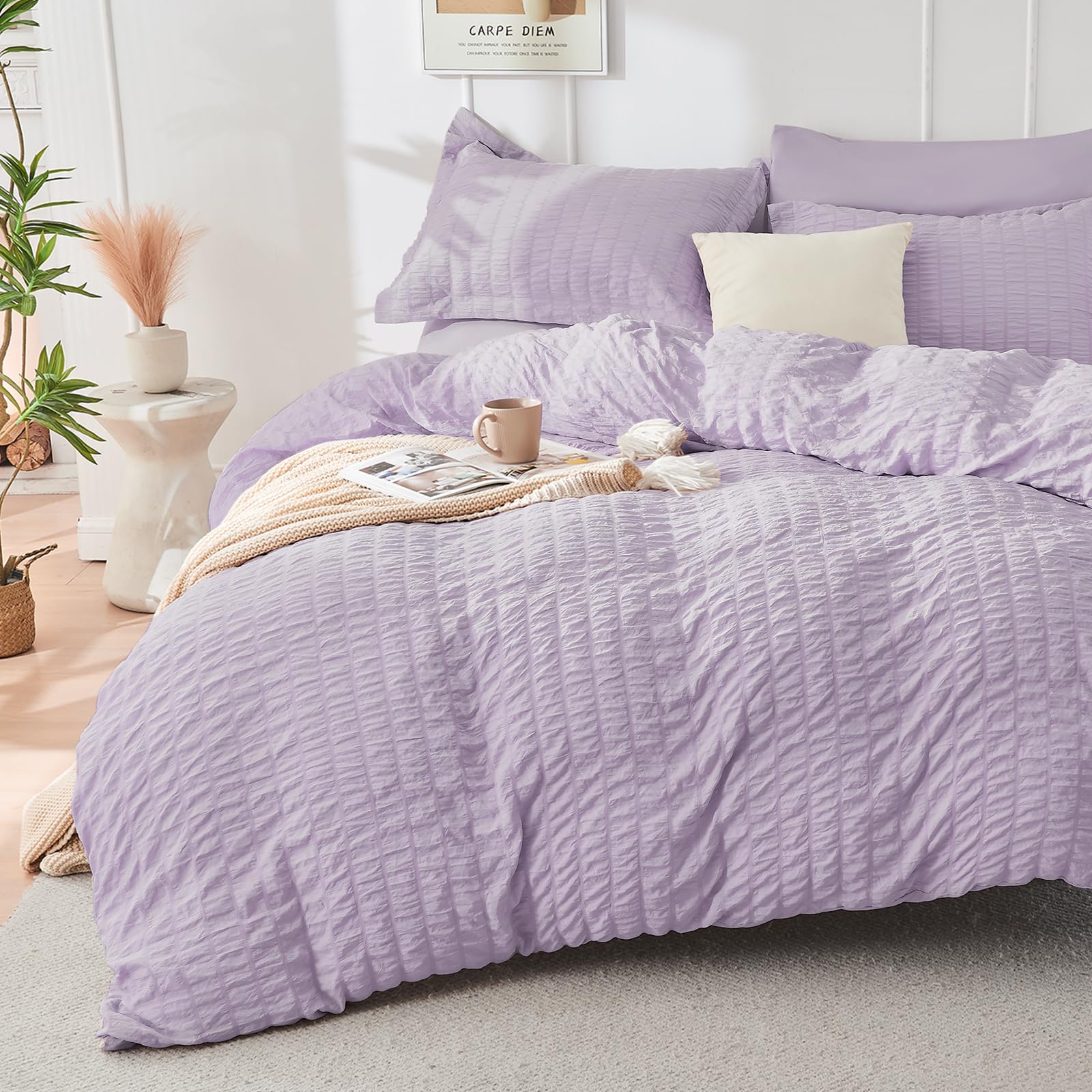 Hymokege Lavender Twin Comforter Set Seersucker 5 Pieces, All Season Luxury Bed In A Bag For Bedroom, Bedding Set With Comforter