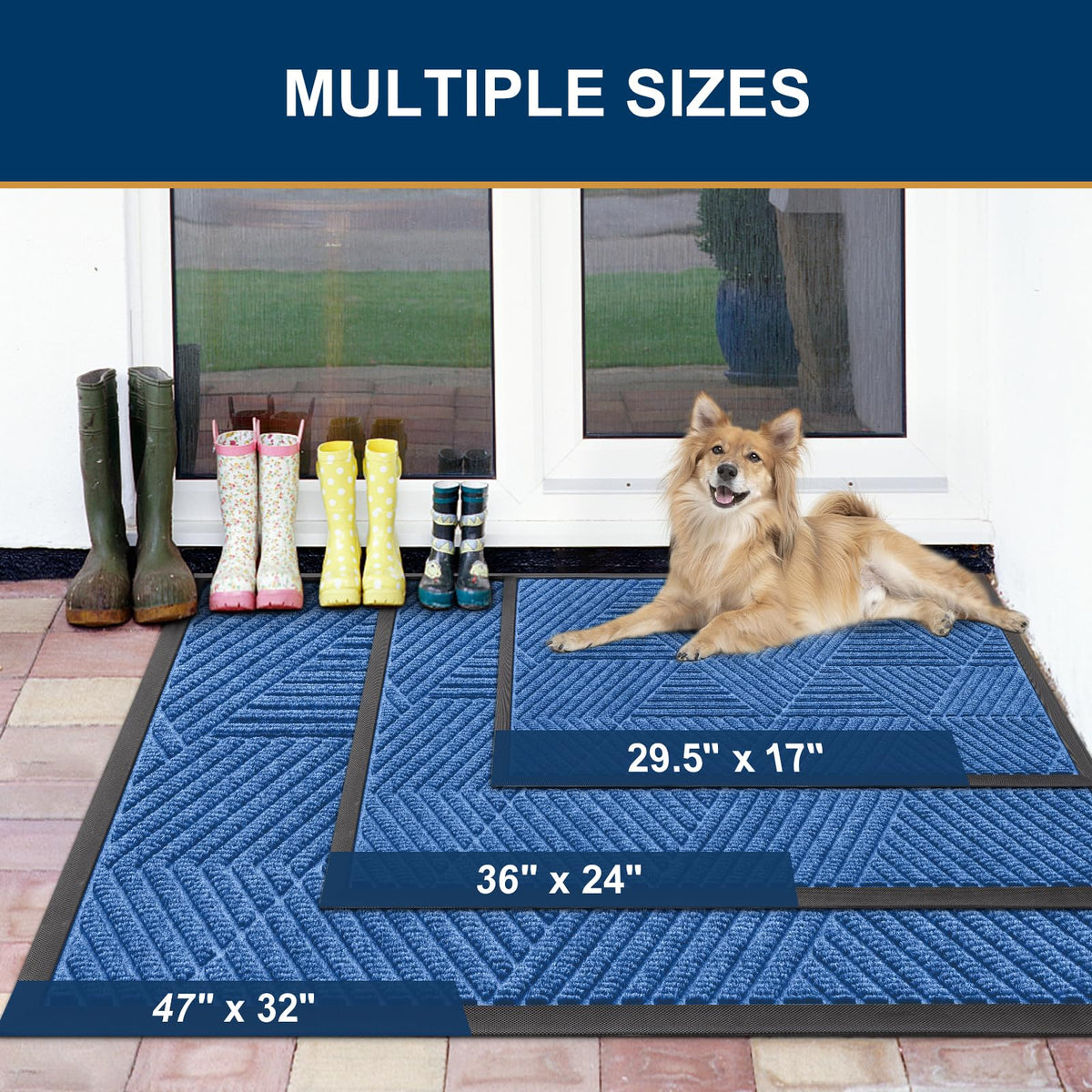 Smiry Front Door Mat Outside Entrance, Heavy Duty Natural Rubber Mat, Sturdy Trap Dirt And Moisture Indoor Outdoor Door Mat, Easy Clean Low Profile Doormat Outdoor Entrance, 36X24 Inch, Blue