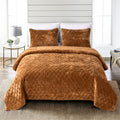 Fredsure Distressed Velvet Quilt Set, 3 Pieces Caramel Gold Queen, Distressed Velvet Face And Brushed Microfiber Reverse With Di