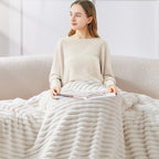 Bedelite Fleece Throw Blanket For Couch, 300Gsm Soft & Warm Fluffy Twin Blanket, Decorative And Giftable Striped Cream White Bla