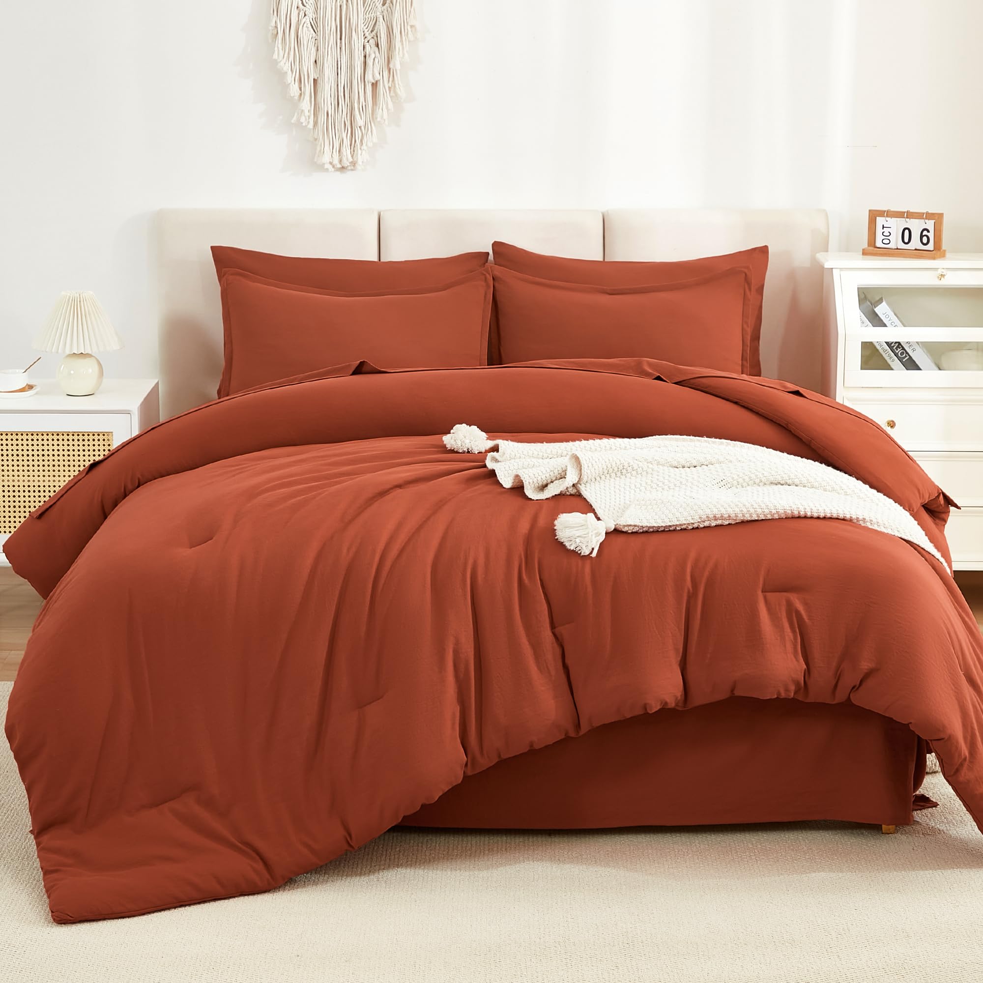 Litanika Burnt Orange Comforter Full Size Set - 7 Pieces Terracotta Bed In A Bag Full Beddding Comforter Sets, Plain Lightweight