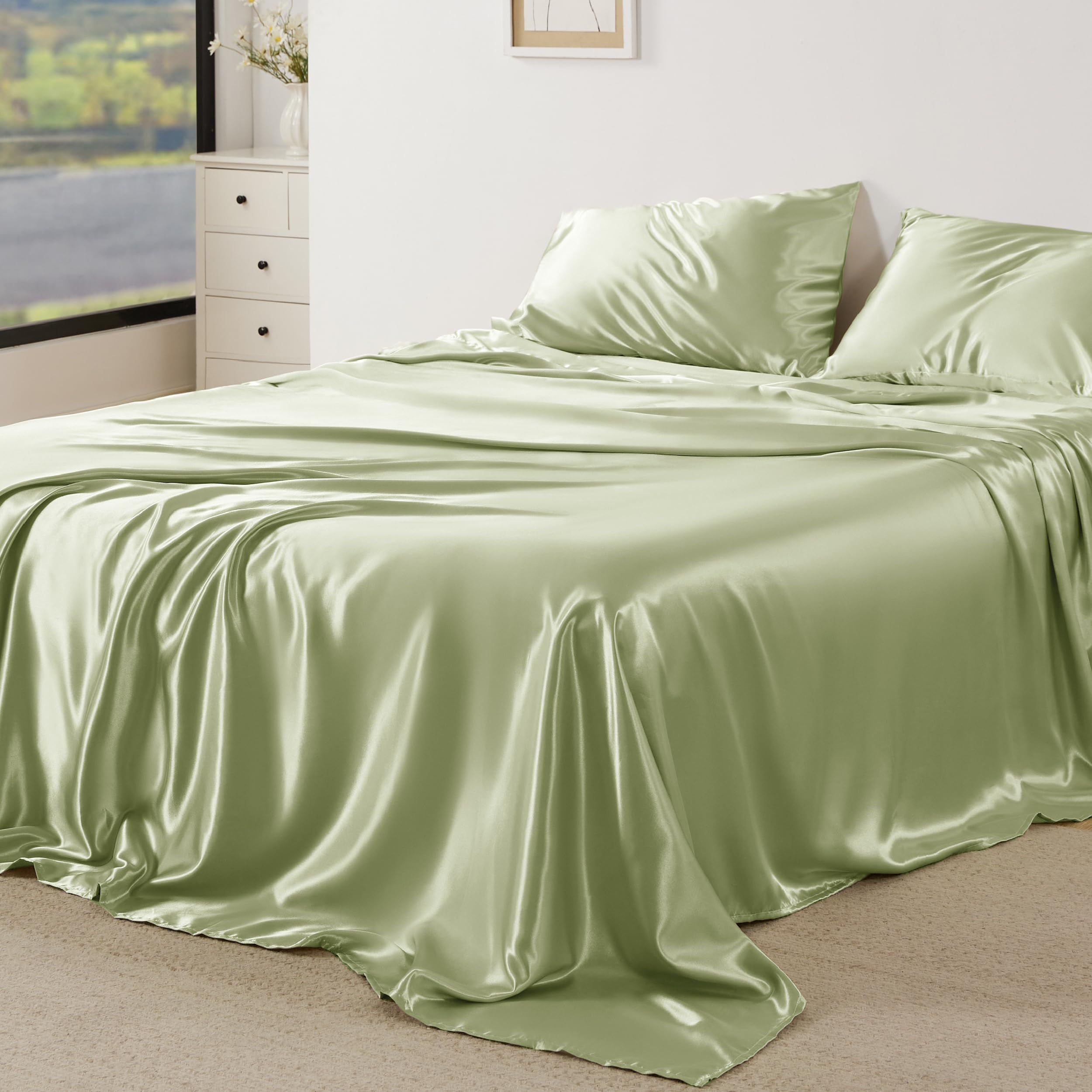 Bedsure Satin Sheets Full - Similar To Silk Sheets, Silky Bedsheet, Luxury & Ultra Soft, Non-Fading & Wrinkle Free, Good For Hair & Skin, Gifts For Women, 4 Pieces, Sage Green