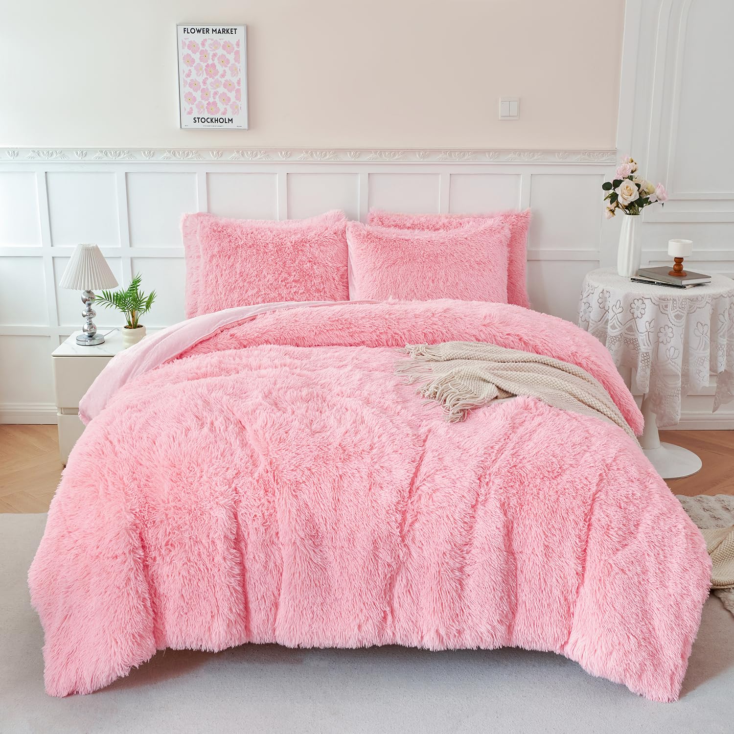 Winlife Faux Fur Comforter Set Twin Size Pink 3Pcs Fluffy Furry Shaggy Comforter Set Ultra Soft Long Hair Plush Bedding For Girl