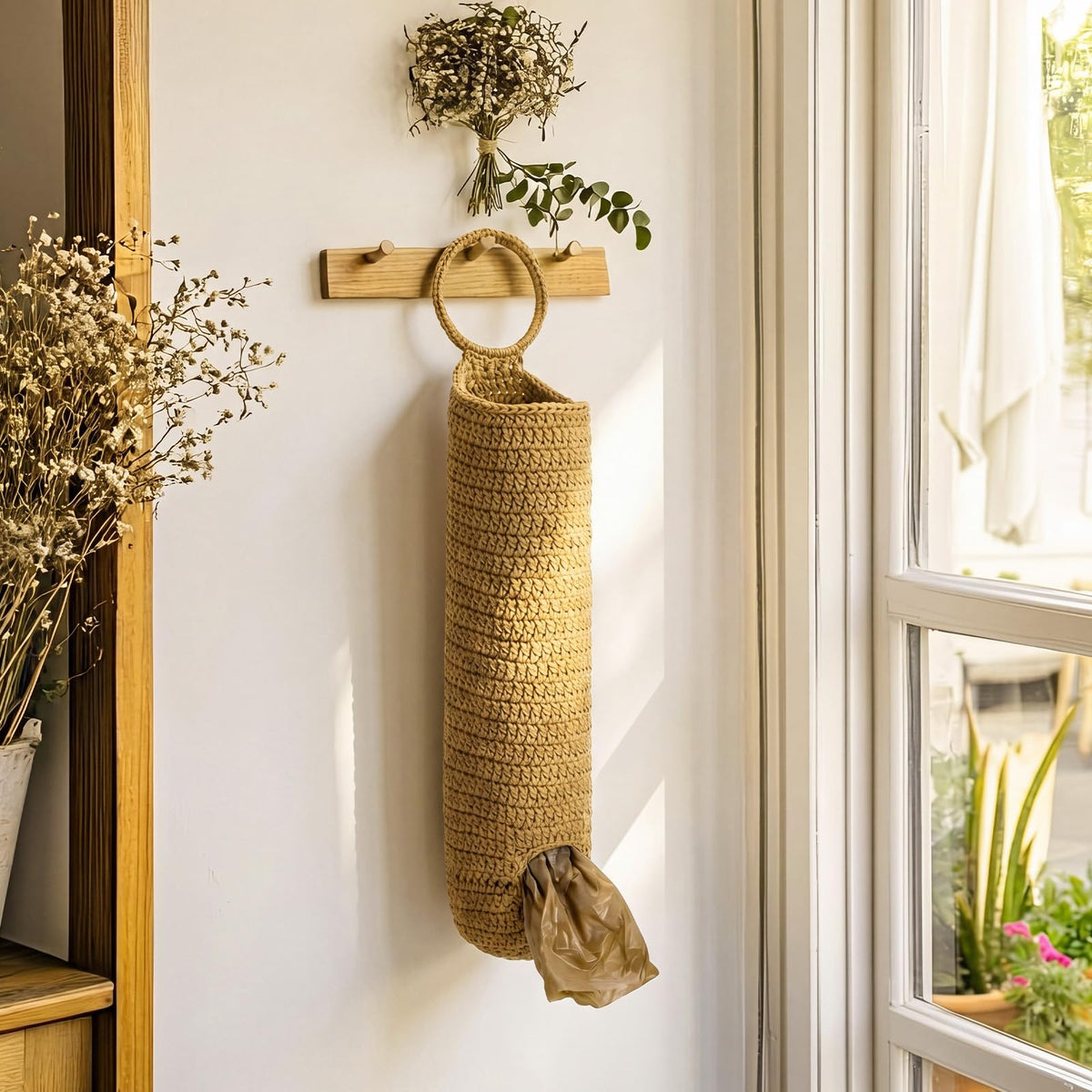 Hushee Plastic Bag Holders Handwoven Jute Crochet Grocery Bag Holder for Plastic Bags Organizer Boho Decor Storage for Kitchen C