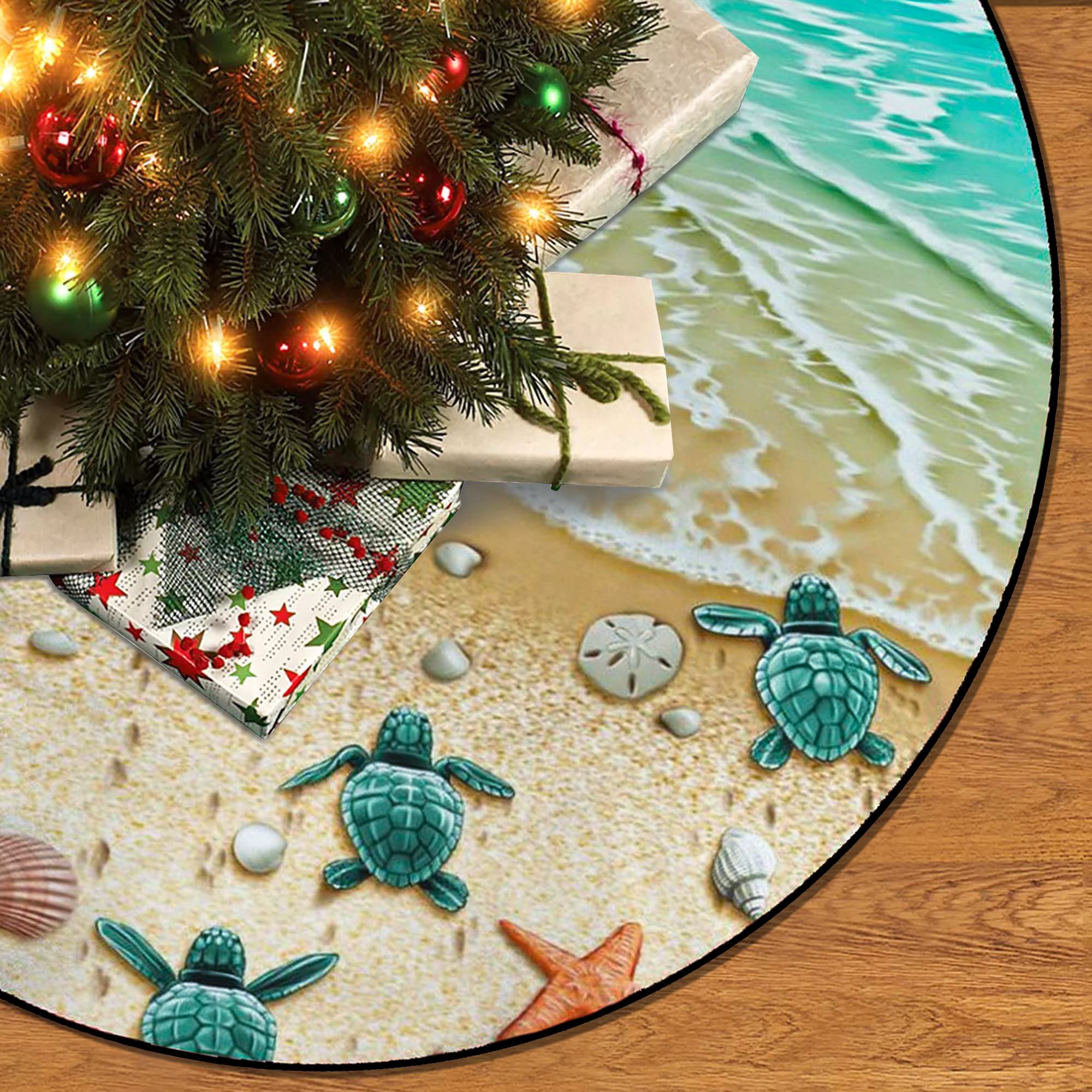 M YESCUSTOM Sea Turtle Christmas Tree Skirt Beach Xmas Tree Mat Starfish Conch Shell Farmhouse Rustic Party Home Decoration Hall