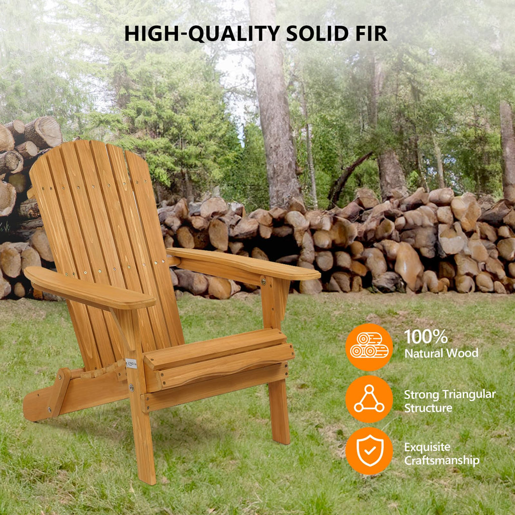 Vingli Folding Adirondack Chairs Wood Lawn Chair Wooden Lounger 350 Lbs Support Fire Pit Seating Natural Finished Weather Resistant Indoor Outdoor Furniture