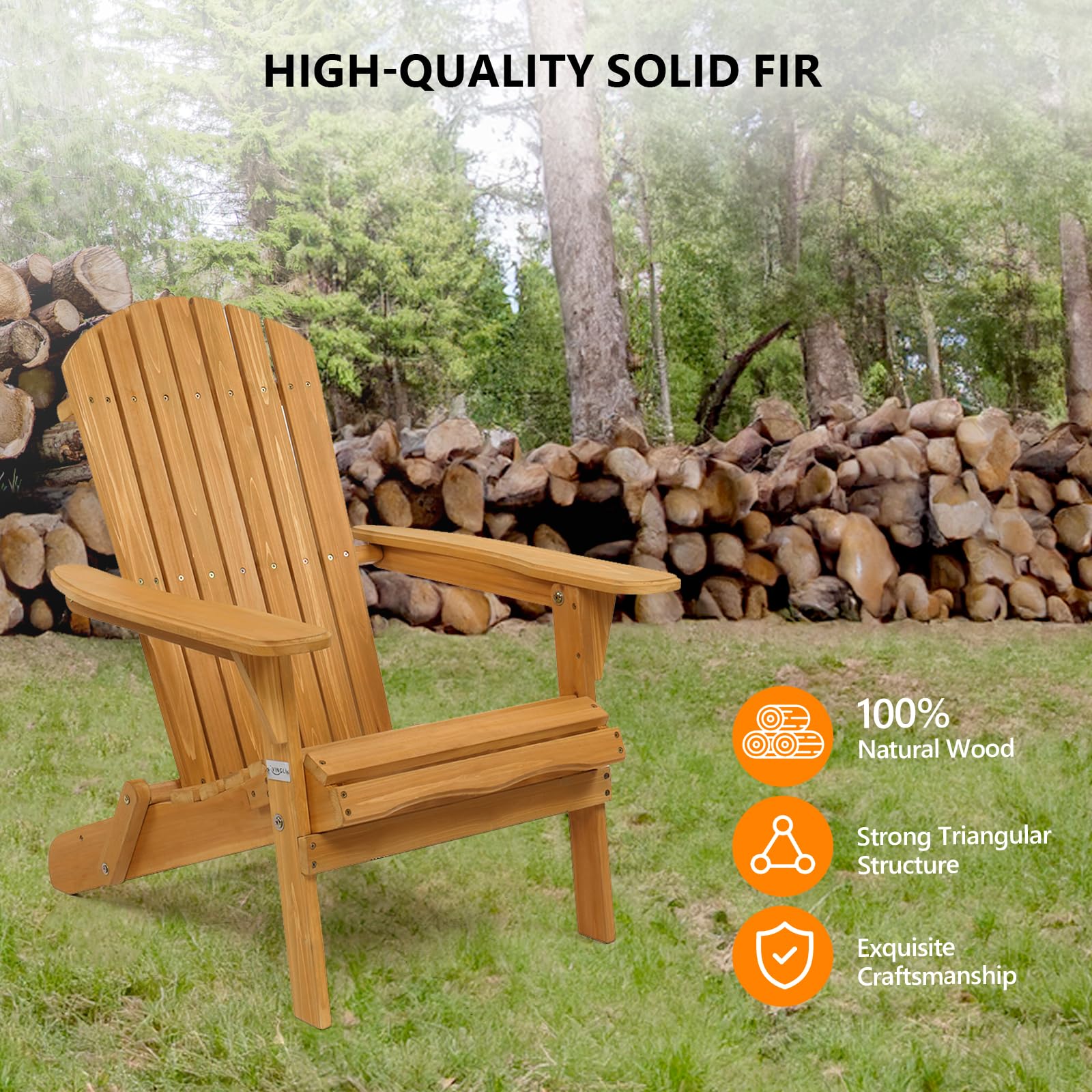 Vingli Folding Adirondack Chairs Wood Lawn Chair Wooden Lounger 350 Lbs Support Fire Pit Seating Natural Finished Weather Resistant Indoor Outdoor Furniture