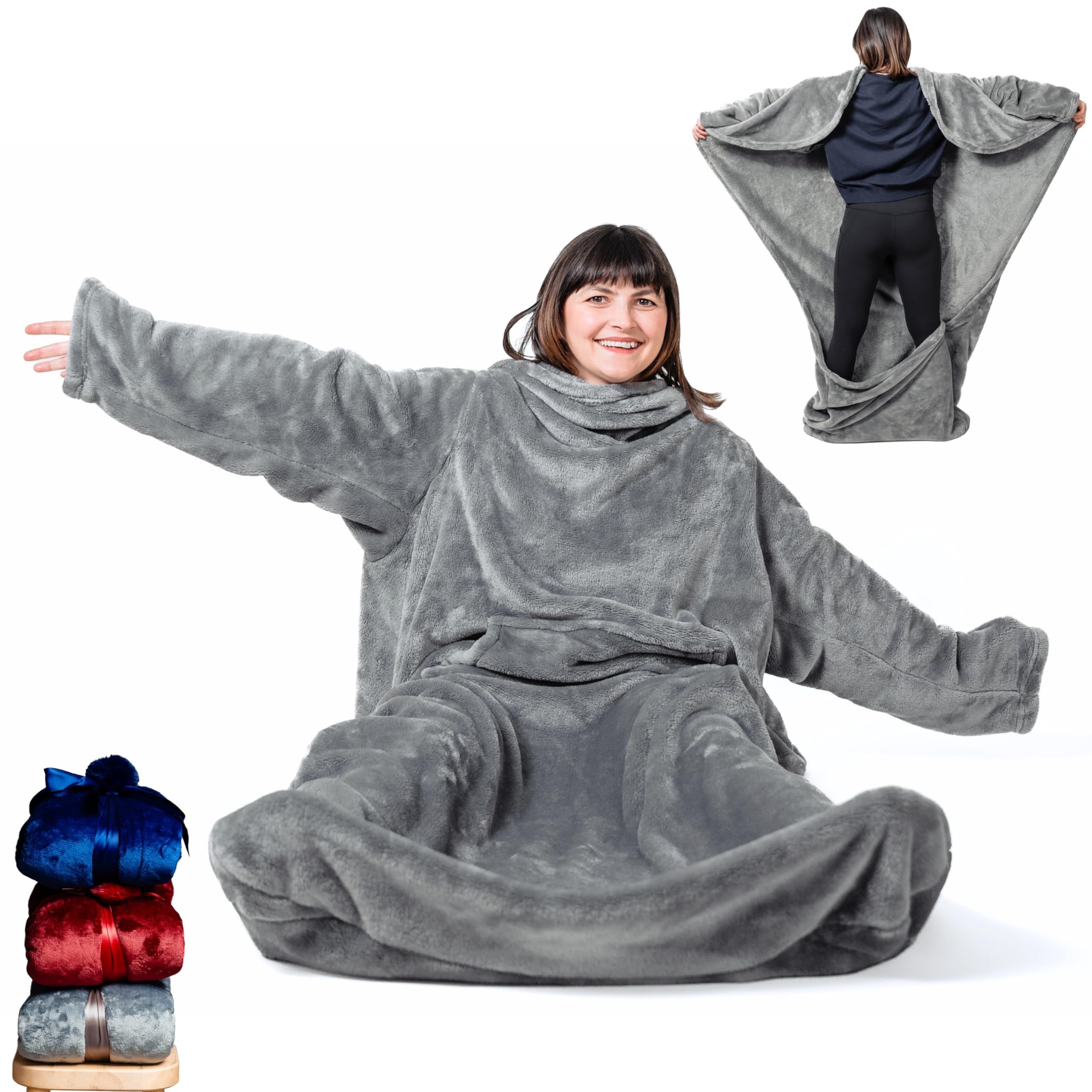 Ezrallora Giant Plush Fleece Blanket With Sleeves And Foot Pocket -Patent Pending- 75X55In Xxl Premium Throw - Gifts For Men Who