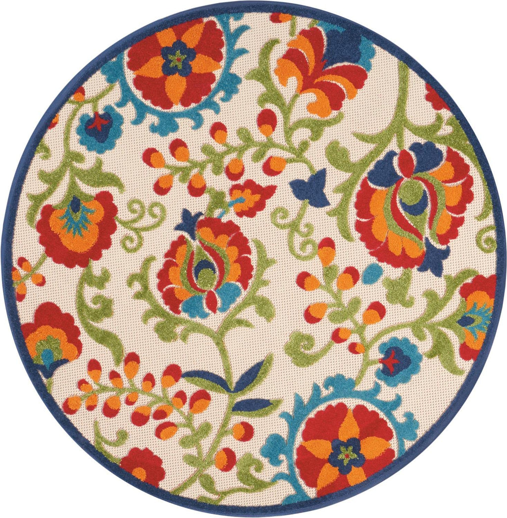 Nourison Aloha Indoor/Outdoor Multicolor 5'3' X Round Area Rug, Easy Cleaning, Non Shedding, Bed Room, Living Room, Dining Room, Backyard, Deck, Patio (5 Round)