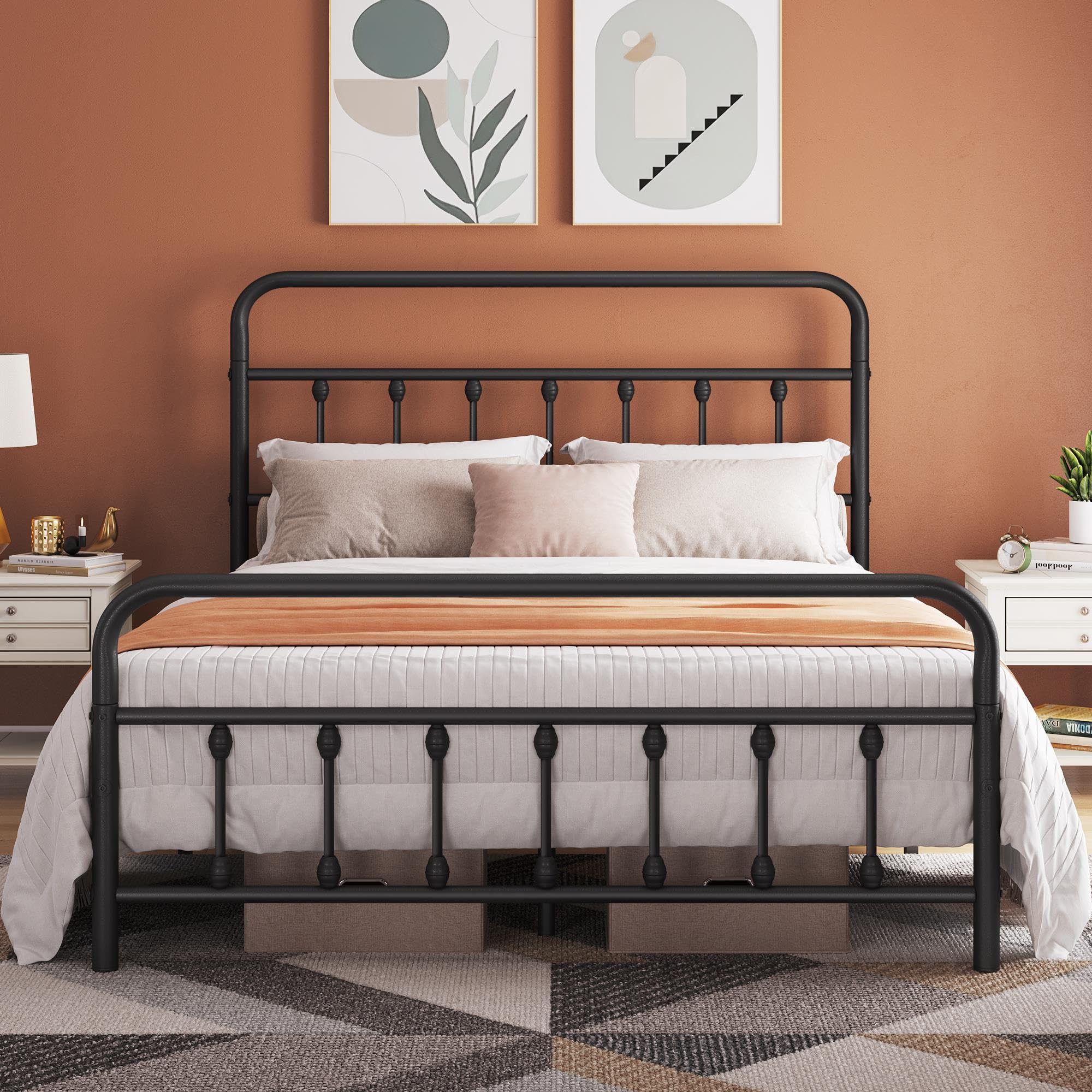 Topeakmart Queen Size Victorian Style Metal Bed Frame with Headboard/Mattress Foundation/No Box Spring Needed/Under Bed Storage/