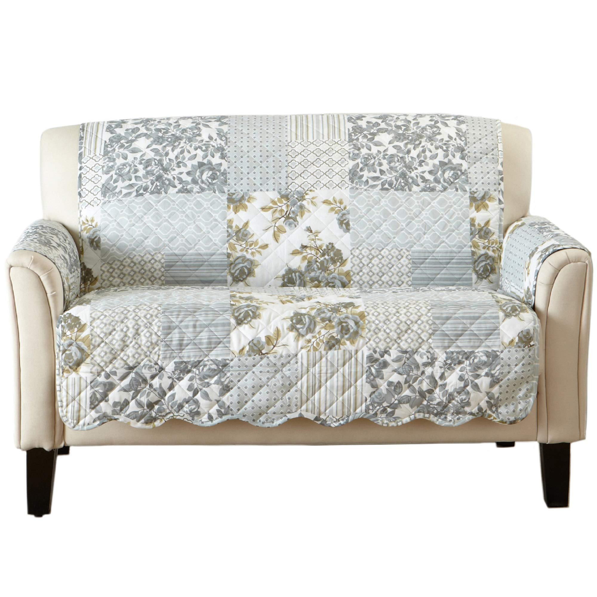 Patchwork Scalloped Printed Furniture Protector Stain Resistant Loveseat Cover (Loveseat, Grey)