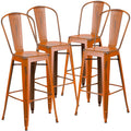 4 Pk. 30 High Distressed Orange Metal Indoor Barstool with Back