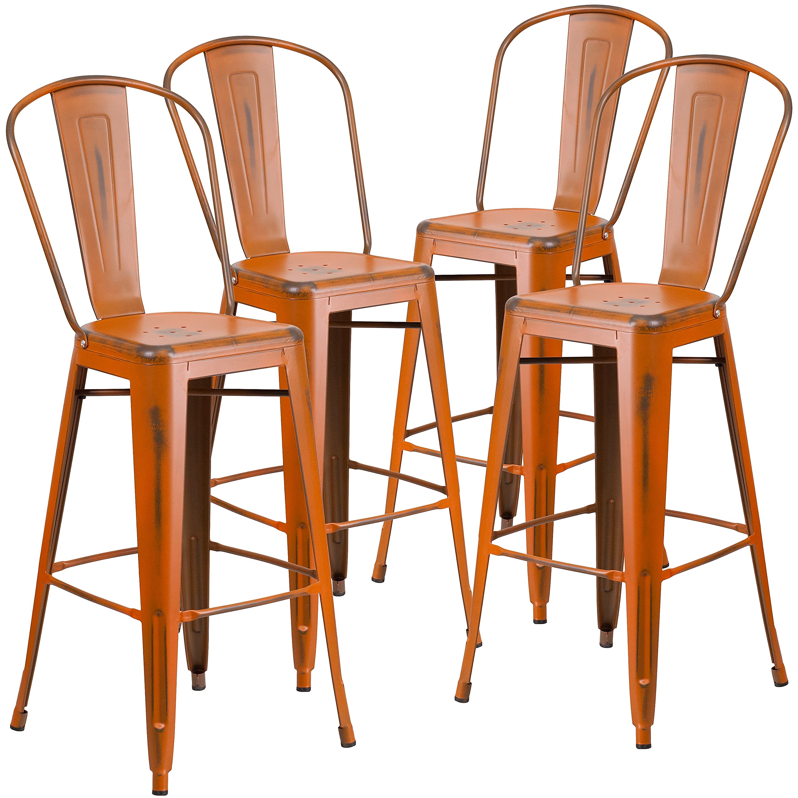 4 Pk. 30 High Distressed Orange Metal Indoor Barstool with Back