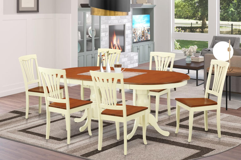 East West Furniture PLAV7-WHI-W 7 Piece Dining Set Consist of an Oval Dining Room Table with Butterfly Leaf and 6 Wood Seat Chairs, 42x78 Inch, Buttermilk & Cherry