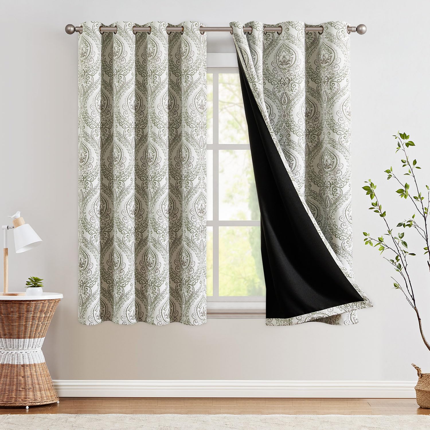 Jinchan 100% Blackout Curtains 72 Inch Length 2 Panels Green Damask Medallion Window Curtains For Bedroom Grommet Thermal Insulated Drapes For Living Room Vintage Luxury Window Treatments Set